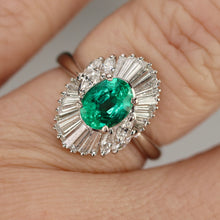 Load image into Gallery viewer, Estate Emerald and diamond ballerina style ring in platinum