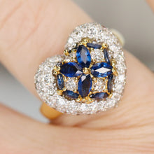 Load image into Gallery viewer, Estate heart shaped Sapphire and diamond cluster ring in 18k yellow gold