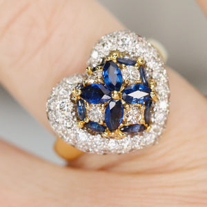 Estate heart shaped Sapphire and diamond cluster ring in 18k yellow gold