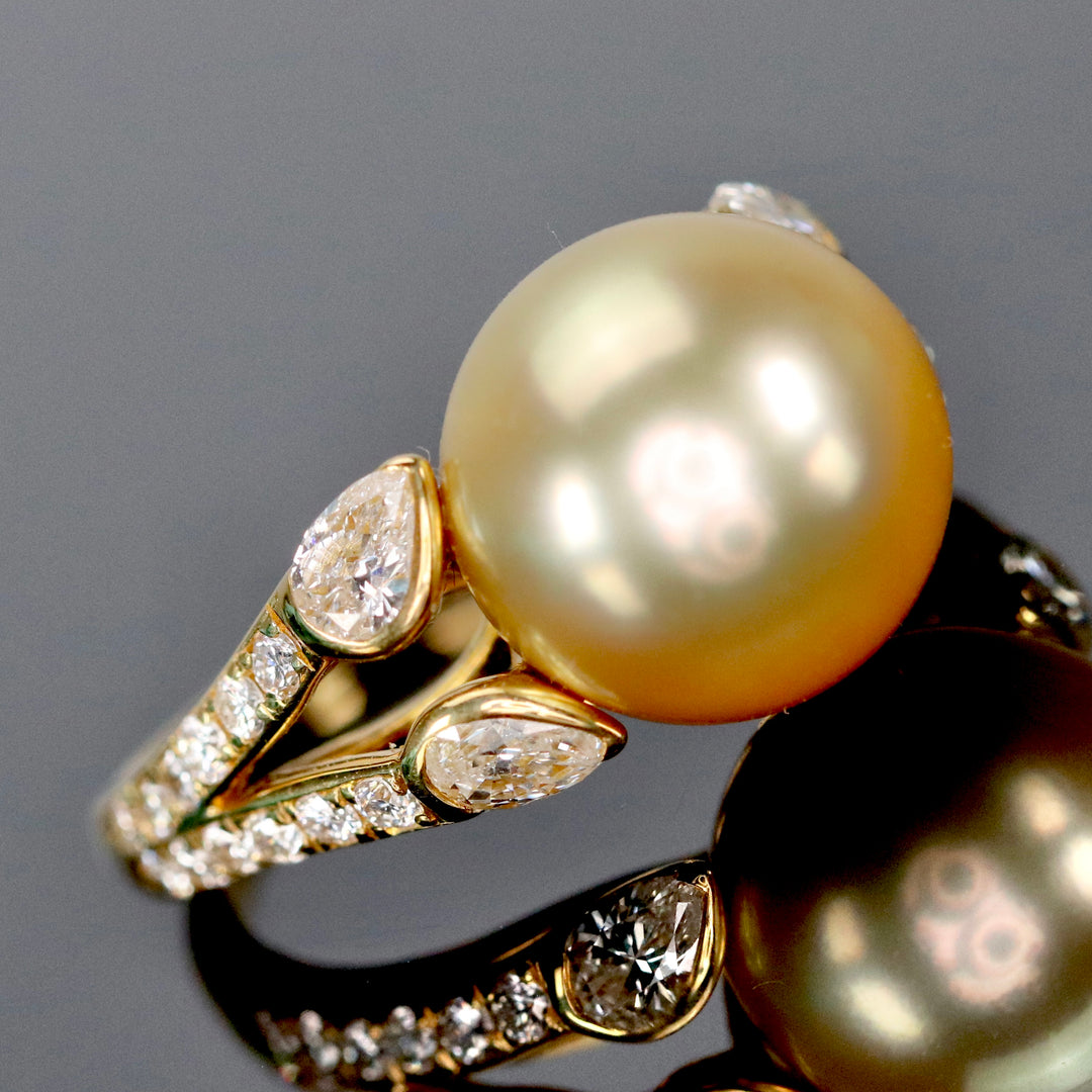 Golden south sea pearl and diamond ring in 18k yellow gold