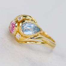 Load image into Gallery viewer, Synthetic pink sapphire and blue spinel in stunning setting of 14k gold