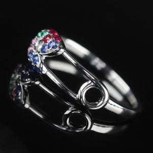 14k white gold gemstone safety pin ring
