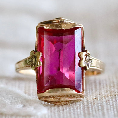Vintage lab grown ruby ring in yellow gold