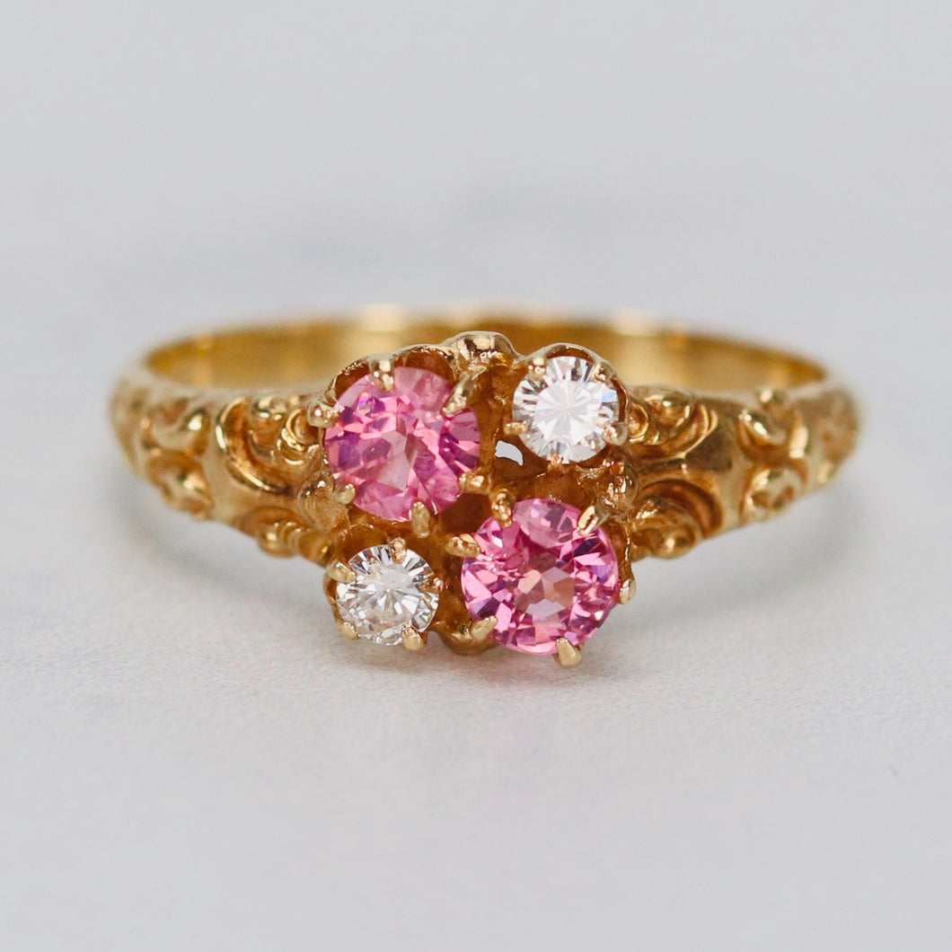 Vintage pink tourmaline and diamond ring in 14k yellow gold