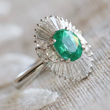 Load image into Gallery viewer, Estate Emerald and diamond ballerina style ring in platinum