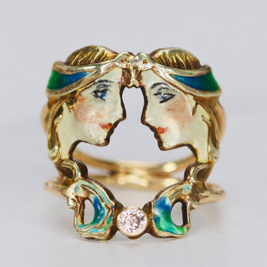 Enameled ladies ring with diamond in 14k yellow gold