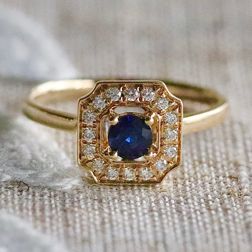 50% OFF!  Sapphire and diamond halo ring in 14k yellow gold *onyx deal*