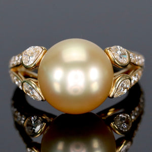 Golden south sea pearl and diamond ring in 18k yellow gold