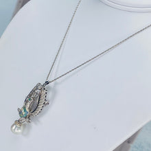 Load image into Gallery viewer, Phoenix opal and pearl brooch/pendant with chain in 14k white gold
