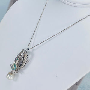 Phoenix opal and pearl brooch/pendant with chain in 14k white gold