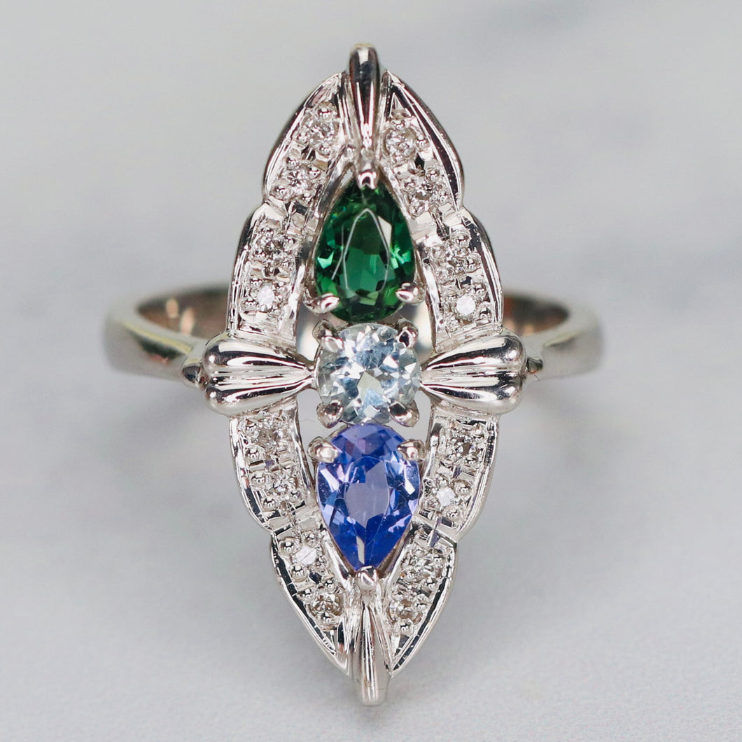 Platinum multi gemstone navette ring