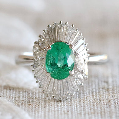 Estate Emerald and diamond ballerina style ring in platinum