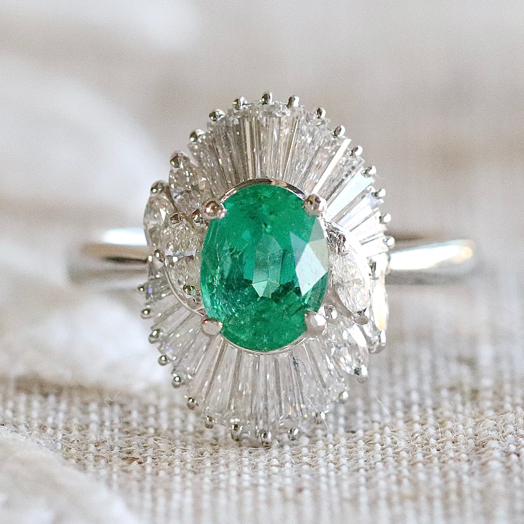 Estate Emerald and diamond ballerina style ring in platinum