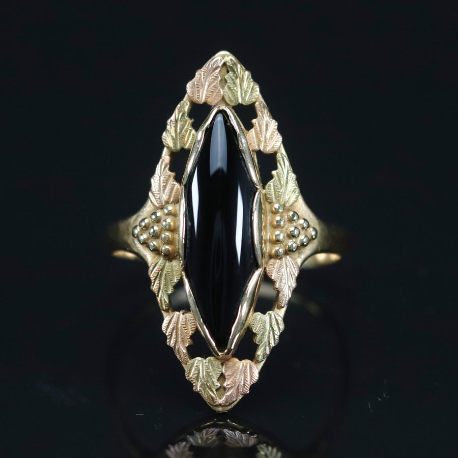 Vintage onyx black hills gold navette ring