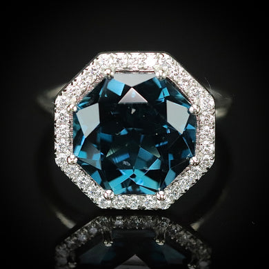 RESERVED FOR DI: PAYMENT 5 OF 5:  SALE!!  Custom London Blue topaz and diamond ring in 14k white gold
