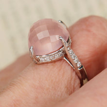 Load image into Gallery viewer, Checkerboard dome rose quartz and diamond ring in 18k white gold
