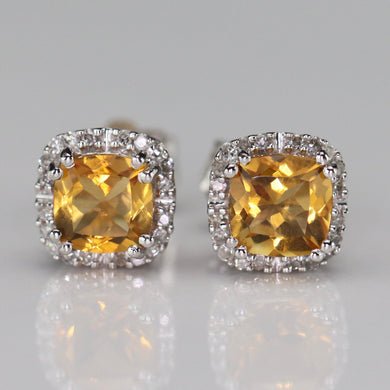 Citrine and diamond studs in white gold