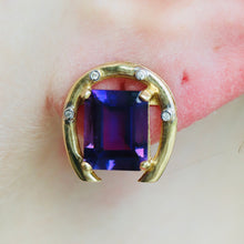 Load image into Gallery viewer, Amethyst and Diamond horseshoe earrings in 14k yellow gold