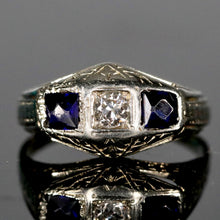 Load image into Gallery viewer, Vintage ring with diamond and french cut synthetic sapphires in 18k white gold