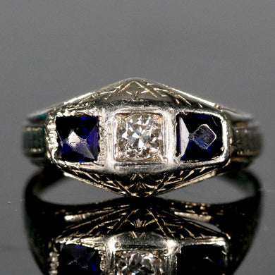 Vintage ring with diamond and french cut synthetic sapphires in 18k white gold