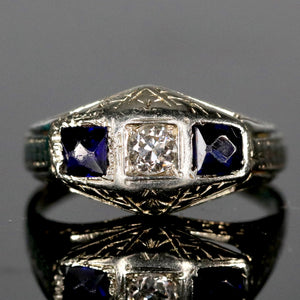 Vintage ring with diamond and french cut synthetic sapphires in 18k white gold