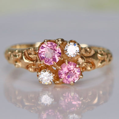 Vintage pink tourmaline and diamond ring in yellow gold