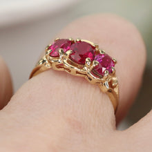 Load image into Gallery viewer, Vintage synthetic pink sapphire 3 stone ring in yellow gold