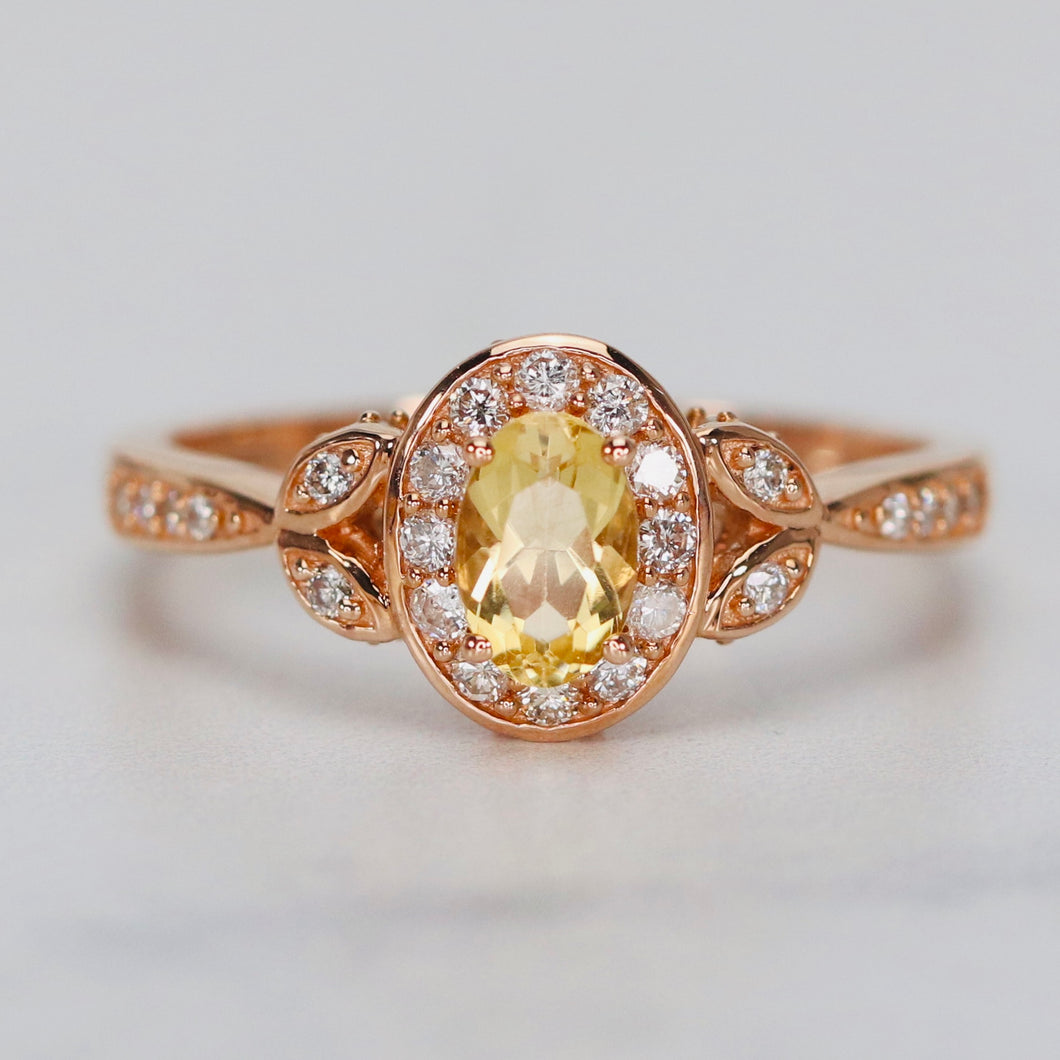 Yellow sapphire and diamond ring in 14k rose gold