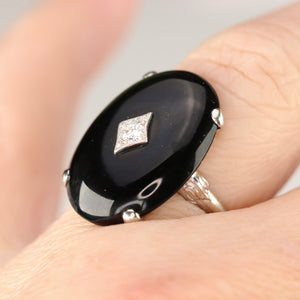 Oval vintage black onyx and diamond ring in white gold ring By Manor Jewels