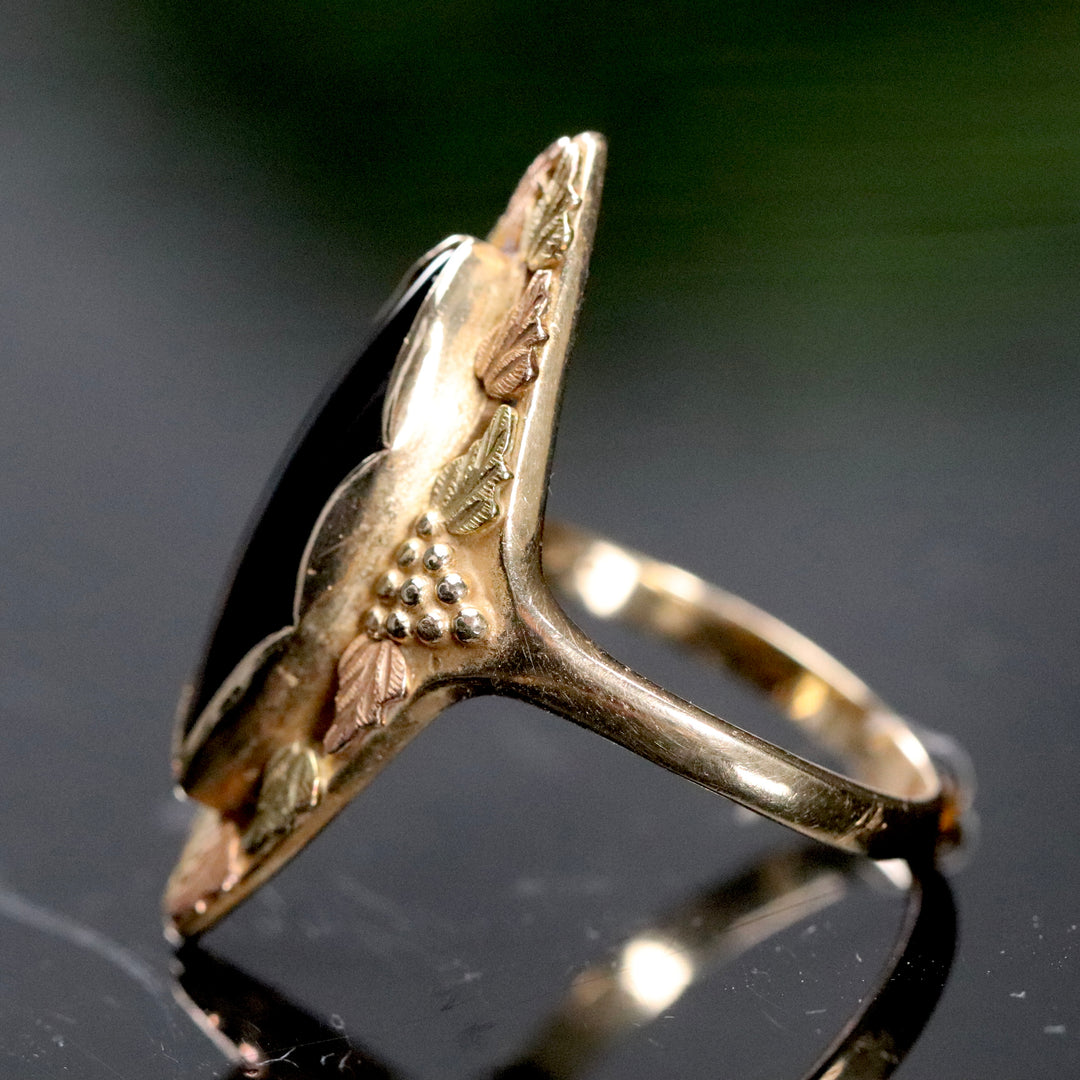 Vintage onyx black hills gold navette ring