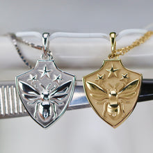 Load image into Gallery viewer, 50% OFF!  Bee shield necklaces in your choice of 14k yellow or white gold