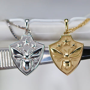 50% OFF!  Bee shield necklaces in your choice of 14k yellow or white gold