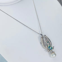 Load image into Gallery viewer, Phoenix opal and pearl brooch/pendant with chain in 14k white gold