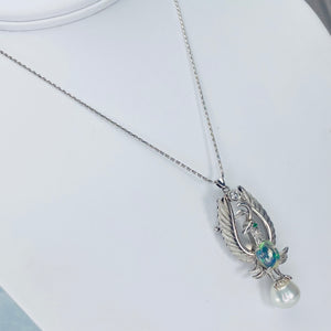 Phoenix opal and pearl brooch/pendant with chain in 14k white gold