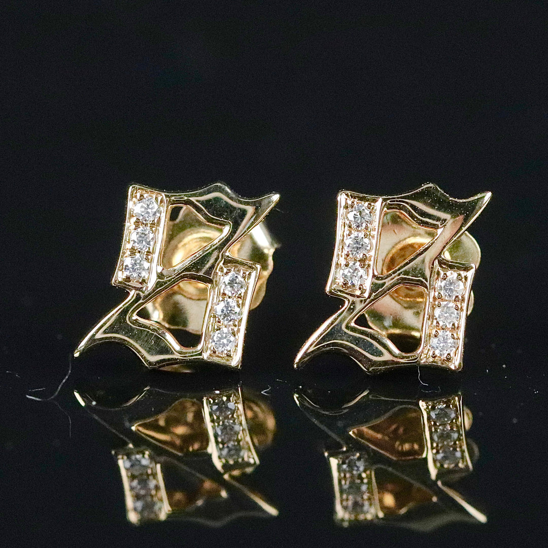 Gothic Letter S diamond studs in 14k yellow gold