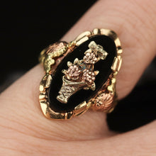 Load image into Gallery viewer, Vintage onyx ring with basket of flowers details in tri-tone gold