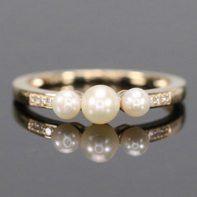 CLEARANCE!  Triple pearl and diamond ring in yellow gold