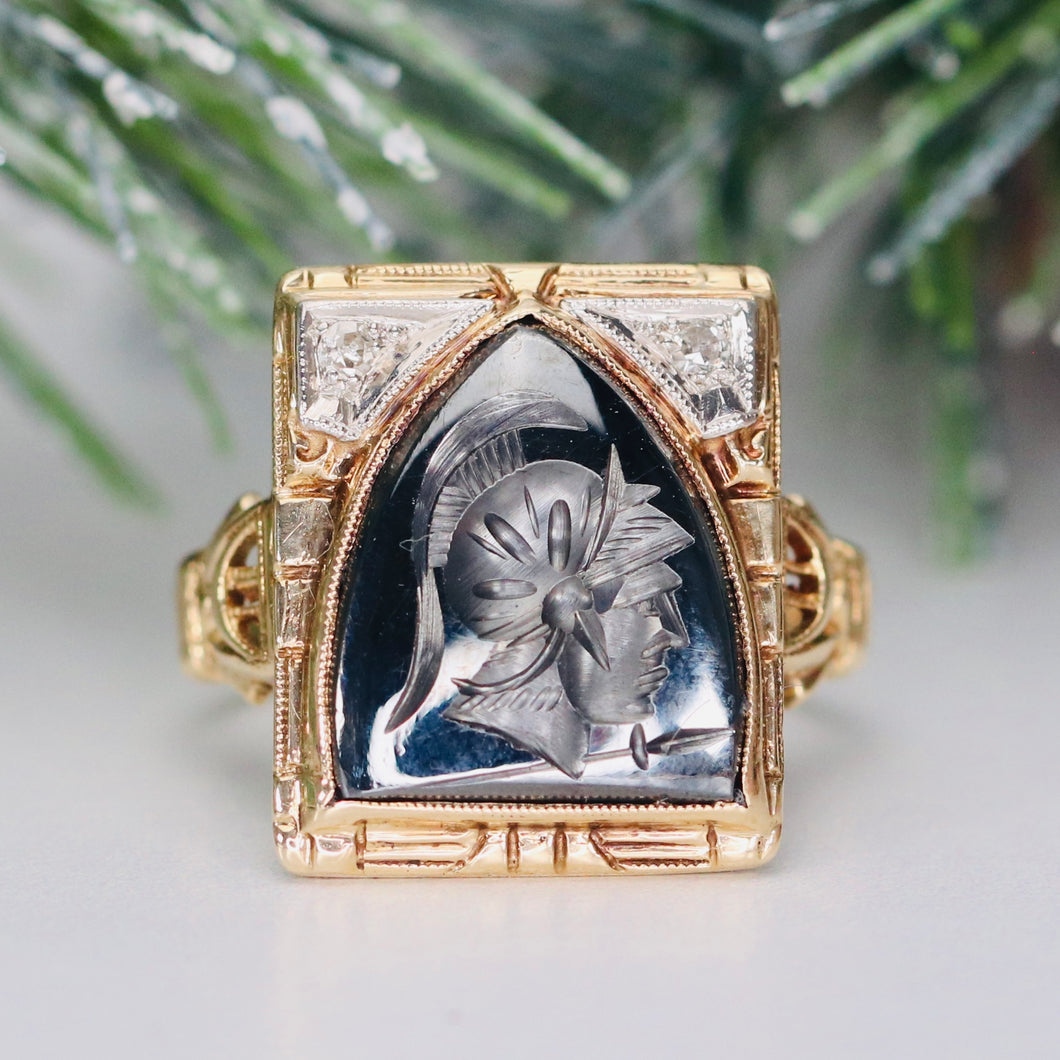 Vintage hematite intaglio ring in yellow gold