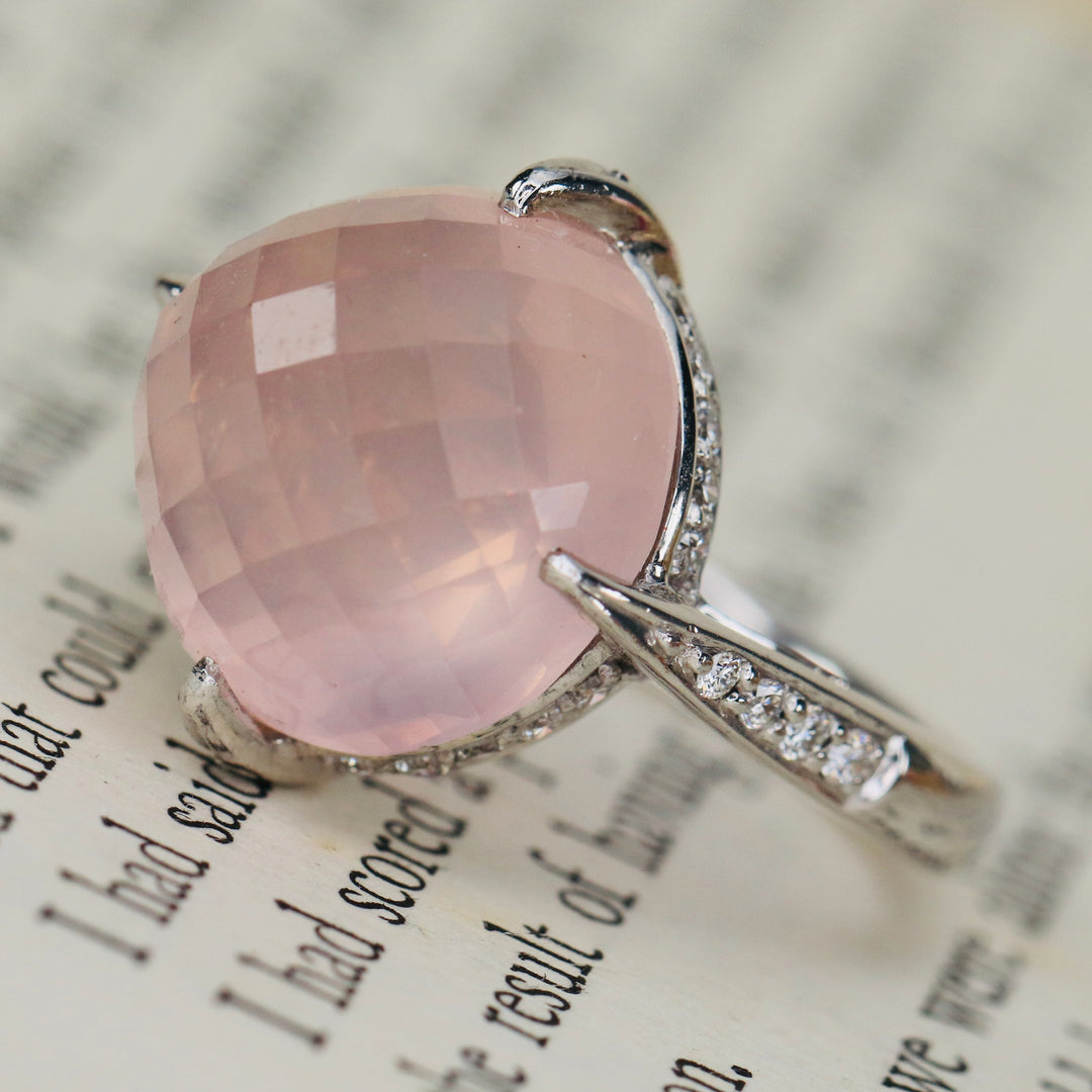 CLEARANCE!  Checkerboard dome rose quartz and diamond ring in 18k white gold