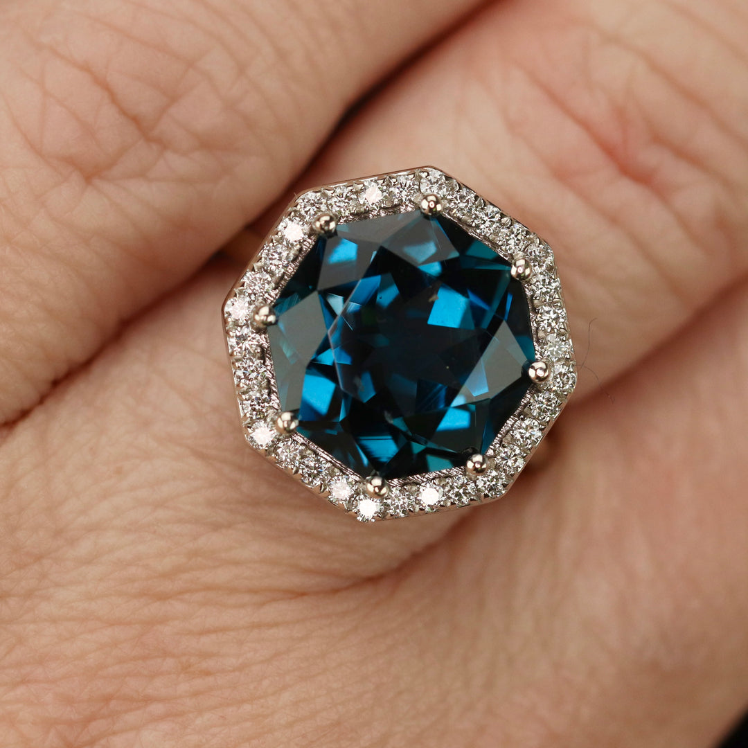 Custom London Blue topaz and diamond ring in 14k white gold
