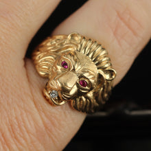 Load image into Gallery viewer, Lion’s head ring in yellow gold with rubies and diamond