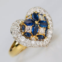 Load image into Gallery viewer, Estate heart shaped Sapphire and diamond cluster ring in 18k yellow gold