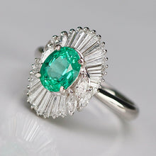 Load image into Gallery viewer, Estate Emerald and diamond ballerina style ring in platinum
