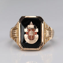 Load image into Gallery viewer, Vintage Onyx ring with shield in yellow gold