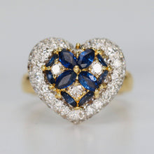 Load image into Gallery viewer, Estate heart shaped Sapphire and diamond cluster ring in 18k yellow gold