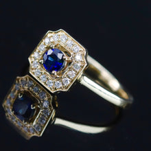 Load image into Gallery viewer, 50% OFF!  Sapphire and diamond halo ring in 14k yellow gold *onyx deal*