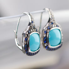 Load image into Gallery viewer, Estate Turquoise, Sapphire and diamond earrings in 18k white gold