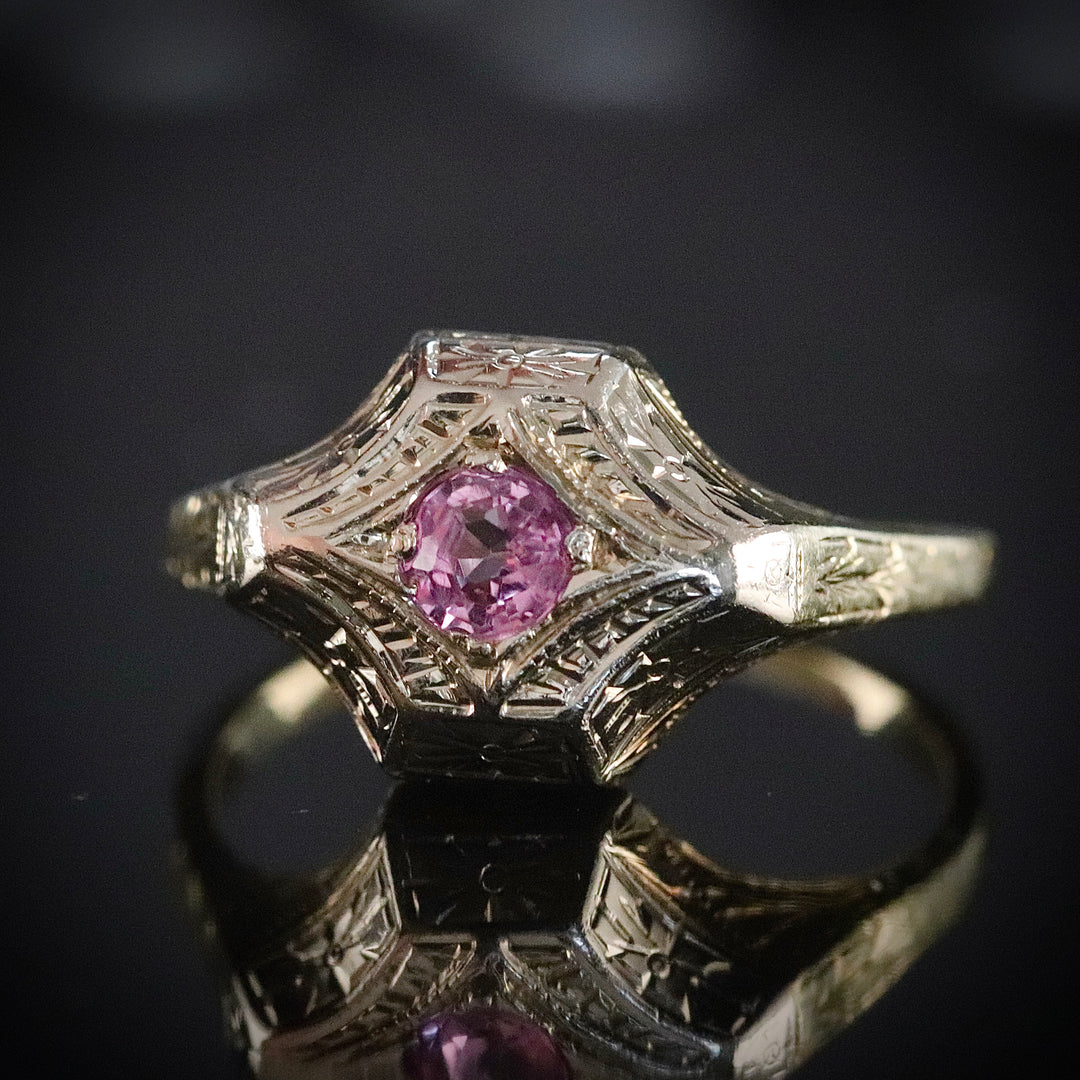 Vintage ring with pink sapphire in 14k yellow and white gold