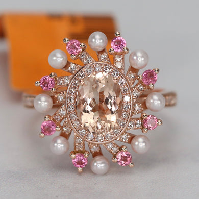 Morganite, pink tourmaline, pearl, and diamond ring in 14k rose gold by Effy