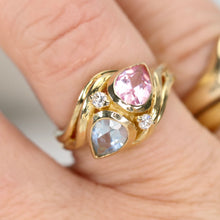 Load image into Gallery viewer, Synthetic pink sapphire and blue spinel in stunning setting of 14k gold